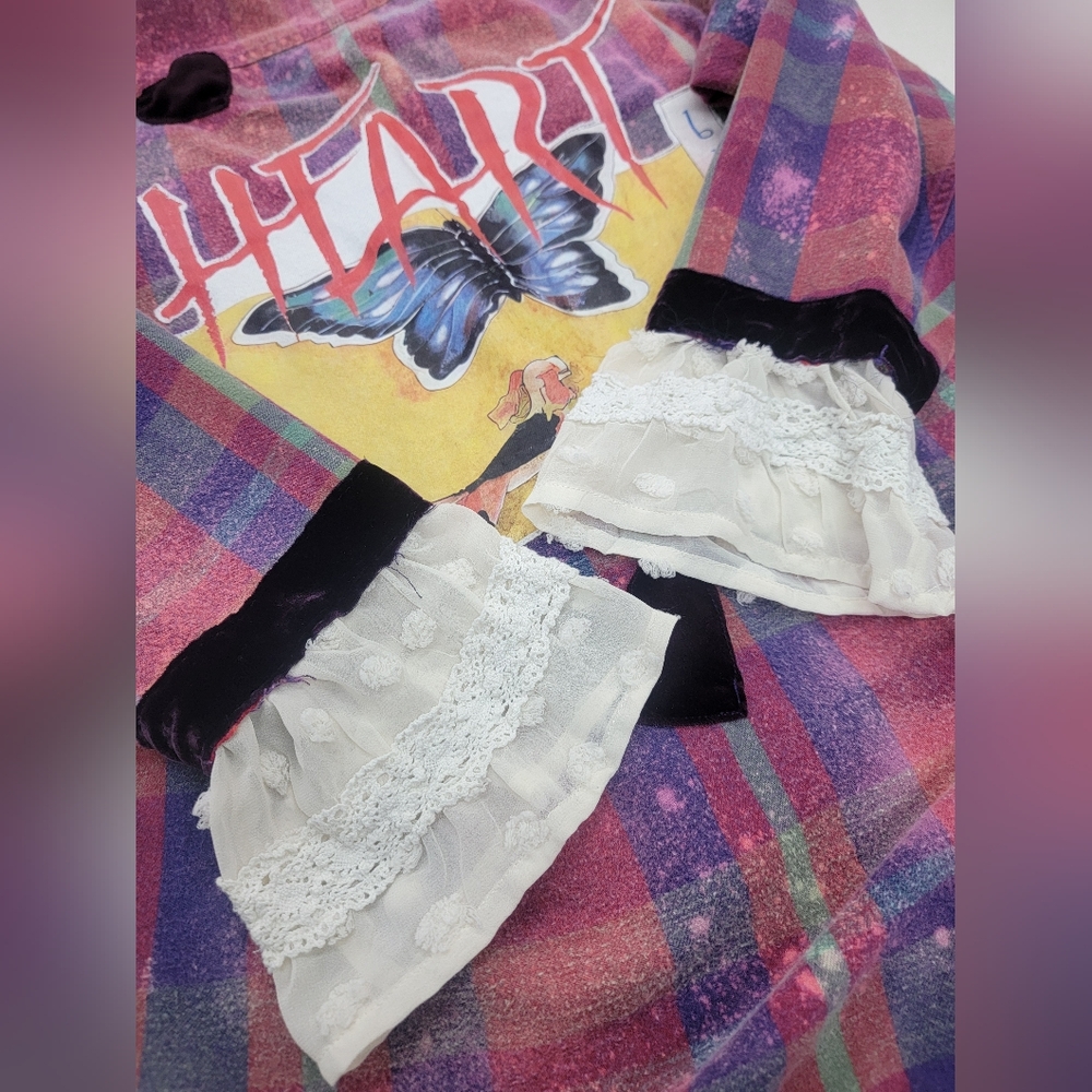 Upcycled Vintage Heart Rock Band Flannel Shirt Shacket  With Velvet & Lace - Picture 11 of 13